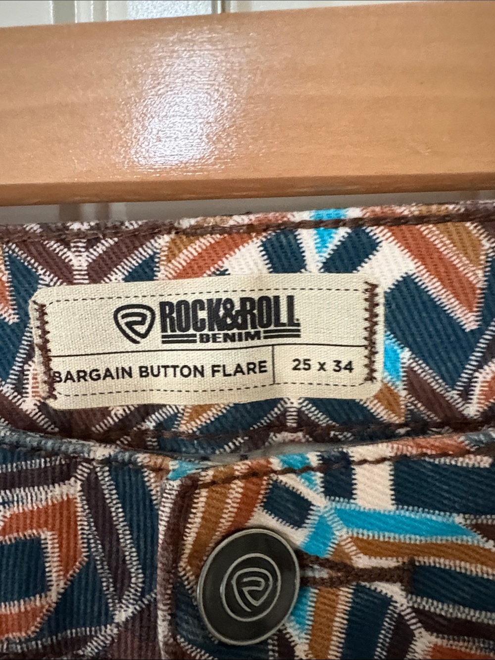 NWT Rock&Roll Denim Flare Geometric Print Pants - Teal & Brown - Picture 3 of 9
